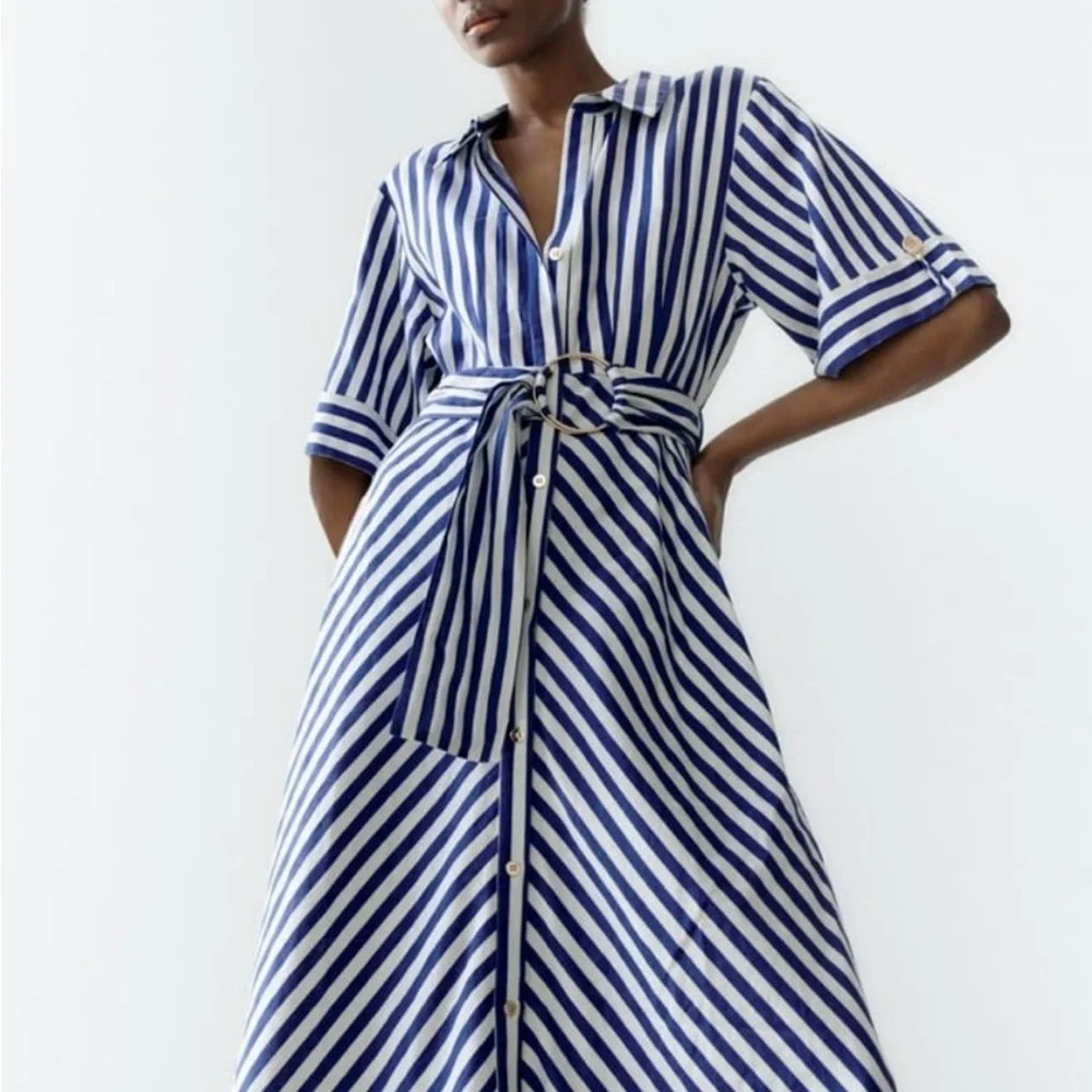 Zara Navy and White Striped Midi Dress - Picture 4 of 9